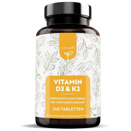 Vitamin D3 & K2 Tabletten - 240 Hochdosierte Tabletten - Premium Sonnenvitamine für Gesunde Knochen, Muskeln und Immunsystem - Vegetarisch - Hergestellt von Nutravita