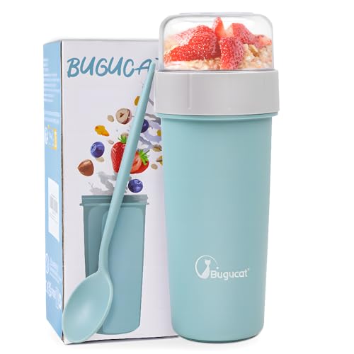 Bugucat 2in1 Müslibecher to Go 130ml+420ml, Praktischer Joghurtbecher & Müslibecher für Picknick, Auslaufsicherer Lunchpot Joghurtbecher to Go mit Löffel, Salatbecher Yoghurt to Go mit Löffel, Blau