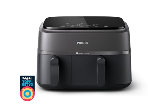 „Entdecke die Philips Dual Basket Airfryer 3000-Serie: 9L, 2 Schubladen, Rapid Air Technologie & HomeID-App! 🍟✌️ 90% weniger Fett & energieeffizient! #Airfryer #GesundeErnährung #Küchengeräte“