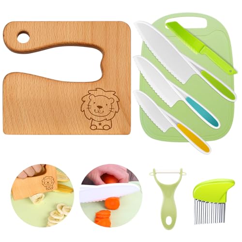 "Entdecke das 8-teilige Kindermesser-Set für kreative Mini-Köche! 🍏✂️ Ideal für Obst & Gemüse – inkl. Holzmesser, Schneidebrett & Schäler (Lion)! #KochenMitKindern #Kindermesser #Küchenabenteuer"