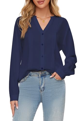 Entdecke die SIMIYA Damen-Bluse: Lässiges langärmeliges V-Ausschnitt-Tunika-Hemd in Navy Blau! Perfekt für jeden Anlass! #Fashion #Style #Bluse #Damenmode #SIMIYA #OOTD