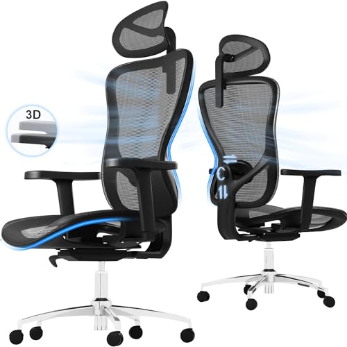 Devoko Ergonomischer Bürostuhle mit ultraweichen 3D-Armlehnen, verstellbarer Lendenwirbelstütze, Schreibtischstühle, PC Stuhl, Computerstuhl mit atmungsaktivem Mesh-Kissen, Belastung bis 150KG Schwarz