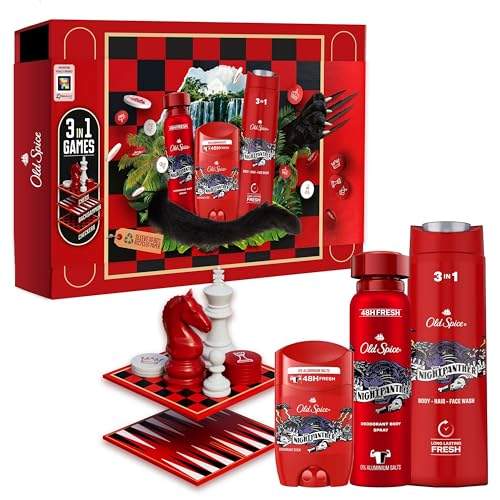 Old Spice Spielebox Geschenkset für Männer, Night Panther Deo Stick 50ml, Body Spray 150ml, Duschgel 250ml, 3 Brettspiele