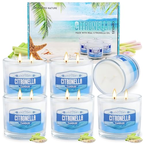 📍 **Yinuo Candle Citronella Outdoor Candle Set, 6 Pack (575 g each), 300 Hours Burn Time, Garden Candles with White to Blue Gradient in Glass Containers, Ideal for Garden, Balcony, Picnic and Camping**