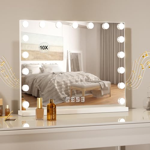 📍 **Buildonely Make-up Mirror with Lighting and Bluetooth, 80 x 60 cm, 17 LED Light, Dimmable, 3 Light Modes, Large Hollywood Mirror with Lighting, Table Mirror, Wall Mirror, Touch Control, 10x**