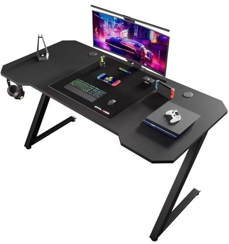 GTPLAYER 120 x 60cm Gaming Tisch, Gaming Schreibtisch, PC Tisch Gamer Tisch mit Kohlefaseroberfläche, Stabiler Computertisch mit Kopfhörerhaken, Schwarz