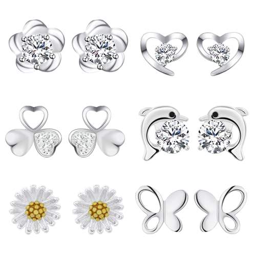 "💖 Verzaubere deinen Look! 6 Paar Telooco Silber Ohrstecker für Mädchen - Hypoallergen, mit Schmetterlingen, Herzen & Blumen 🌸✨ Ideales Set für jeden Anlass! #Ohrstecker #Schmuck #Mode"