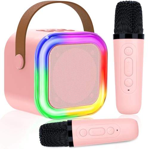 Karaoke Maschine für Kinder Erwachsene, Bluetooth Karaoke Lautsprecher mit 2 Kabellosen Mikrofon, Mini Karaoke Maschine mit LED-Lichtern, Geschenke Spielzeug für Mädchen und Jungen