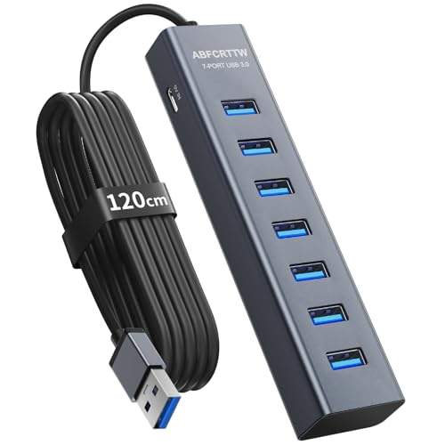 7-Port USB 3.0 HUB mit 120cm Kabel für Desktop, Aluminium USB Hub 5Gbps USB Verteiler Multiport Adapter USB Mehrfachstecker, USB Splitter mit 5V 3A Type-C Port für PC, Laptop, MacBook, U-Disk, Maus