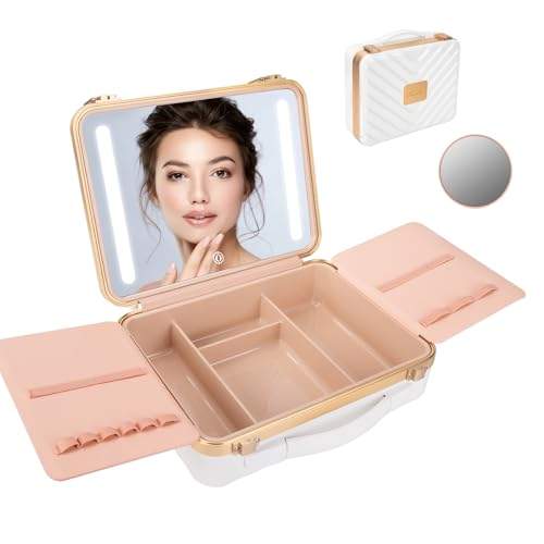 LRUKEY Reise-Make-up-Box mit Leuchtendem Spiegel, Tragbare Make-up-Tasche, Make-up-Box, Wiederaufladbare Make up Organizer, mit 3-farbigem LED-Spiegel und Abnehmbarer Lupe(weiß)