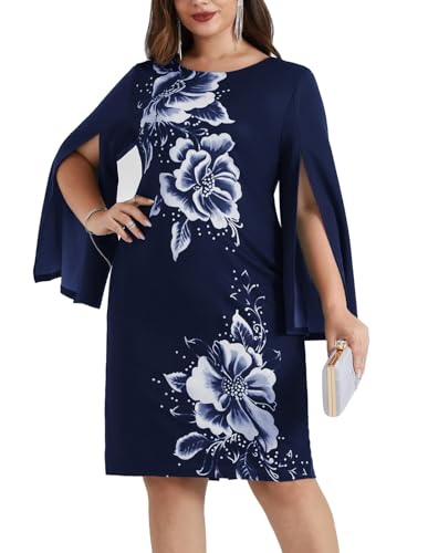 Hanna Nikole Damen Cocktailkleid Knielang Abendkleid Rundhals Bodycon Kleid für Mollige Dunkelblau 46