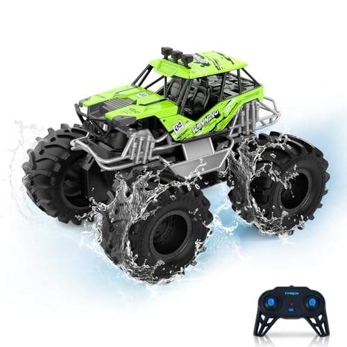 Carox Amphibienfahrzeug Ferngesteuertes Auto, 2.4 Ghz 1500mah RC Auto, Wasserdicht Monstertruck Auto Car Pool Strand Spielzeug für Kinder ab 6 Jahre OX21GRE