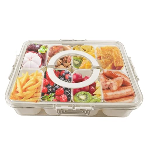 Sporgo Snackbox mit Fächern, Snackteller mit Deckel, Kunststoff Snackschale Set Auslaufsicher, Große Snacktablett Organizer für SüßIgkeiten Candy Veggie Keks Nüsse Desserts Obst