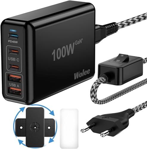 "Entdecken Sie das ultimative 100W USB C Ladegerät: 5 Ports & GaN-Technologie für blitzschnelles Laden von Laptop, iPhone & Co. – Mit praktischem Schalter & geflochtenem Kabel! #USBCLadegerät #Schnellladen"