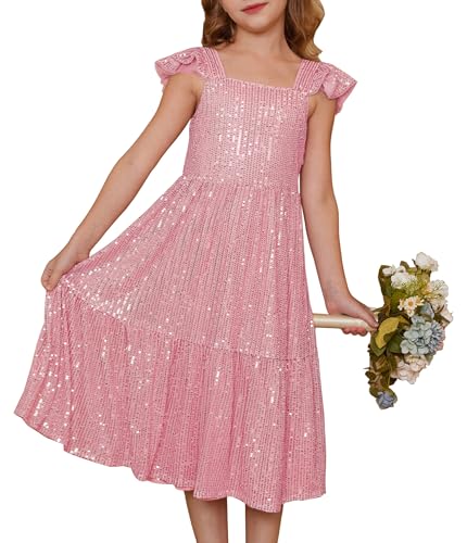 GRACE KARIN Paillettenkleid für Mädchen Glitzerndes Prinzessinnenkleid mit Flügelärmeln Glitzer A-Linien Swing Party Hochzeitskleid Rosa 5-6 Jahre