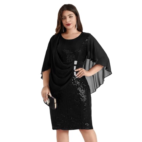 "Entdecke das elegante Hanna Nikole Damen Übergröße Chiffon Fledermaus Cape Cocktailkleid in Schwarz mit Strasssteinen & Pailletten – Perfekt für Hochzeitsgäste! #Cocktailkleid #Übergröße #Hochzeitsmode"