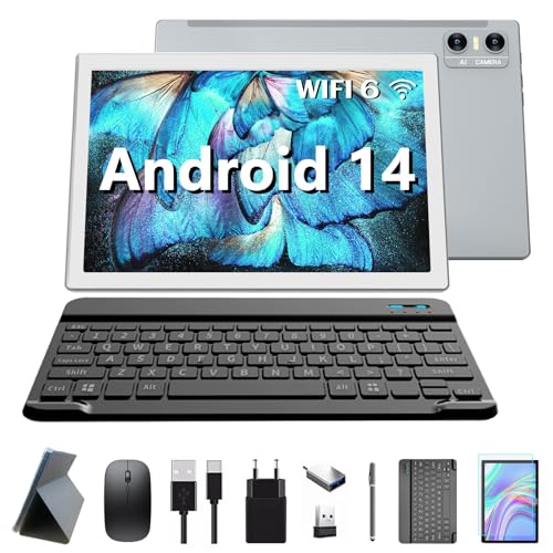 KADYBE 2024 Neueste WLAN 6 Android 14 Tablet 10 Zoll,64GB ROM (512GB TF),Octa-Core,|GMS-Zertifizierung| 5+13 MP | 1.8GHz | 7000 mAh | Tablet PC mit Tastatur Maus Stift, 2 Jahre Garantie-(Silbrig)