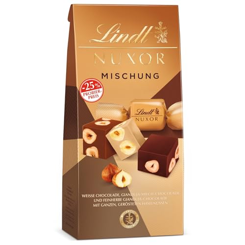 Lindt NUXOR Beutel Mischung, Promotion | 103g Beutel | Cremige Gianduja Schokolade (Weiss, Vollmilch und Feinherb) mit ganzen, gerösteten Haselnüssen | Pralinen Geschenk | Schokoladengeschenk