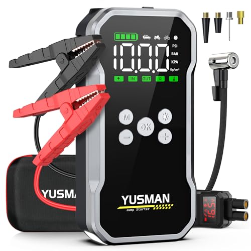 YUSMAN Starthilfe Powerbank mit 150PSI Kompressor, 5000A 12V Car Starthilfe Powerbank für Bis zu 10L Benzin/7L Diesel, 15800mAh 4-in-1 Tragbare Starter Powerbank mit 2 LED-Licht, LCD Display