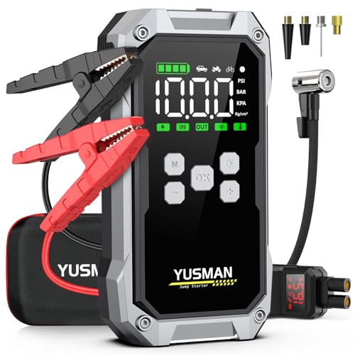 YUSMAN Starthilfe Powerbank mit 150PSI Kompressor, 6000A 12V Car Starthilfe Powerbank für alle Autos oder 10.0L Diesel,21800mAh 4-in-1 Tragbare Starter Powerbank mit 2 LED-Licht, LCD Display