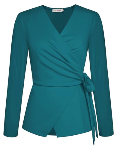 GRACE KARIN Damen Bluse Langarm V-Ausschnitt Bluse Sommer Wickel Oberteile Hochzeit Businee Elegant Tunika XL Grün Blau