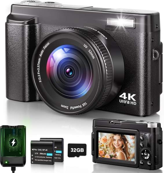 digitalkamera 4K 48MP mit 16x zoom, 3 Zoll flip LCD, 2 akkus, 32GB karte kids