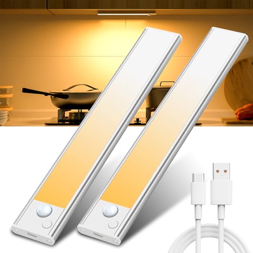 Unterbauleuchte Küche LED Schrankbeleuchtung Bewegungsmelder - Warmweiß Lampe Akku Licht Beleuchtung Batterie Schrank Innen Lichtleiste Kabellos Leuchte Leiste light USB Küchen Aufladbar Schranklicht