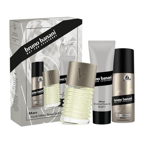 bruno banani Man Geschenkset mit Eau de Toilette, Duschgel und Deodorant-Spray mit fesselndem, aromatischem Männer-Duft, 30 ml, 50 ml und 50 ml