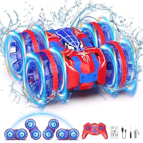 fygurso Spider wasserdichtes Fernsteuerungsauto, 4WD amphibisches 2.4 GHz RC-Auto Fernsteuerungsboot, 360° Drehung RC-Kunstfahrzeug mit LED-Lichtern, Jungen- und Mädchengeschenk für alle Gelände