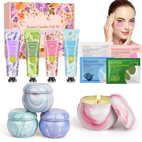 Geschenke für Frauen, Geschenke Weihnachten Geschenkset Frauen,6 Handcreme 4 Duftkerze 4 Paar Augenpads, Geschenke für Mama Geschenk Freundin Geburtstag, Duftkerzen Geschenkset Geburtstagsgeschenk