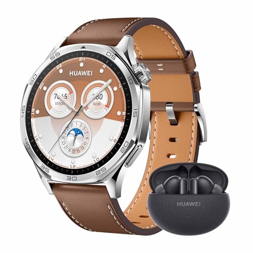 📍 **HUAWEI Watch GT 5 46 mm+Extral FreeBuds 5i Schwarz,Smartwatch,Kunstvolles Design,Erweiterte Lauf- und Fahrradfunktionen,Gesundheitsmonitoring,Bis zu 14 Tage Akkulaufzeit,iOS&Android,Braun**