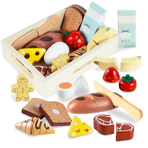 Smartwo Kinderküche Zubehör Holz Lebensmittel zum Schneiden, Spielküche Zubehör Frühstück Set, Küchenzubehör für Rollenspiele, Holzspielzeug Küche 12PCS, Geschenk für Mädchen Jungen ab 2 Jahre