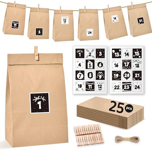 Adventskalender zum Befüllen, 2024 Adventskalender zum Selber Befüllen, DIY Adventskalender Erwachsene, Adventkalender Kinder – Adventskalender mit 25 Papiertüten, 24 Zahlen Aufkleber und 26 Klammern