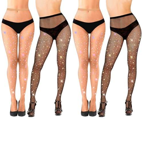 Lvefyti 4 Stück Strumpfhose,Damen Transparente Strümpfe Fishnet Tights,Glitzernde Strassstrümpfe für Damen,Netzstrumpfhosen Glitzer,Strass Netzstrumpfhose für Party,Performances,Tänze