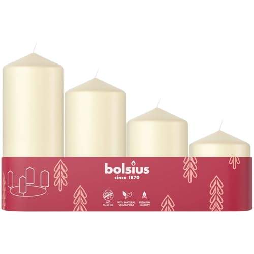 "Verzaubere deine Adventszeit mit Bolsius Glatten Stumpenkerzen! 🎄✨ 4er Set in Elfenbein – verschiedene Größen, lange Brenndauer, unbenzing und umweltfreundlich! #Kerzenliebe #Adventsdeko"