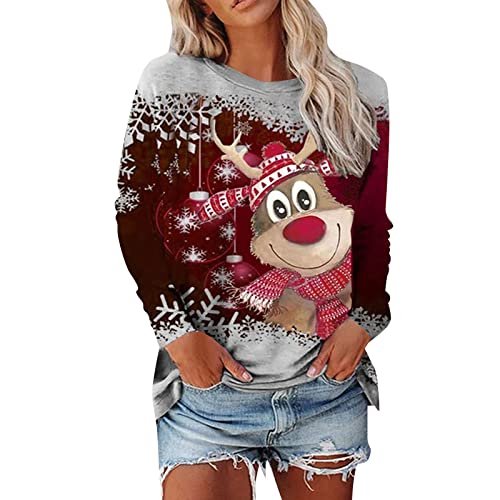 Weihnachtspulli Damen,Weihnachtspullover Damen Lustig Weinglas Gedruckt Muster Christmas Sweater Casual Lose Langarmshirt Weihnachtsdruck Xmas Pulli Frauen Jumper Bluse Tops Longshirt Rot XXL