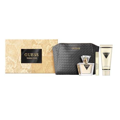 GUESS Seductive Damen Geschenkset – Eau de Toilette 75ml, Reisegröße 15ml, Körperlotion 100ml, Schwarze Guess Pochette – Langanhaltender Fruchtiger Blumenduft