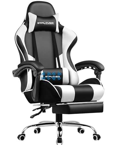 GTPLAYER Ergonomischer Gaming Stuhl mit Massage, Fußstütze, Kopfstütze und Lendenkissen, Gepolstert, Drehstuhl